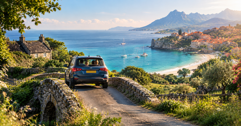 Family car driving over a UK stone bridge towards an improbably idyllic Mediterranean beach scene